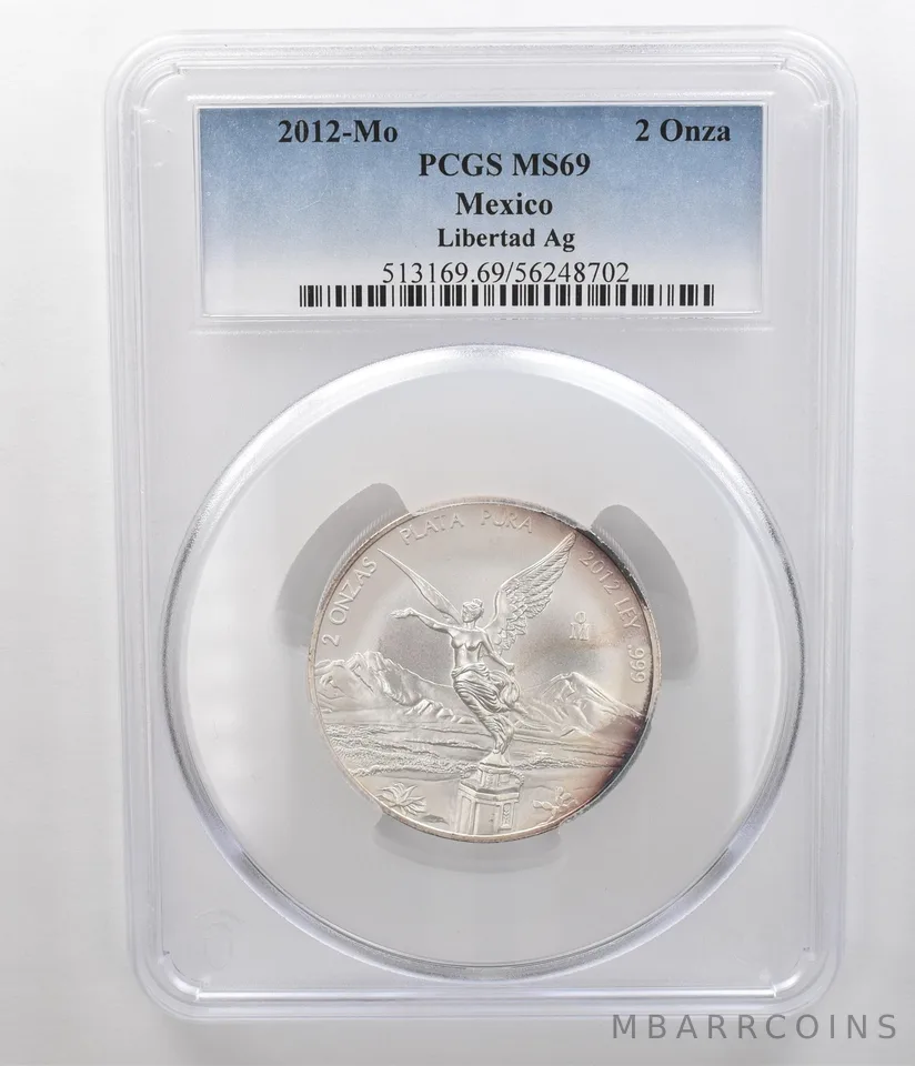 2012 Mo Mexico 2 Onza Silver Libertad MS69 PCGS Peripheral Tone *5198