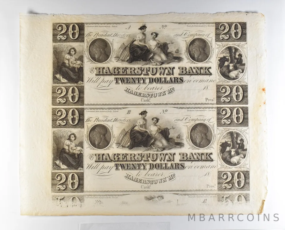 Lot (2) 1800s $20 Hagerstown MD Bank Obsolete Note Uncut *8688