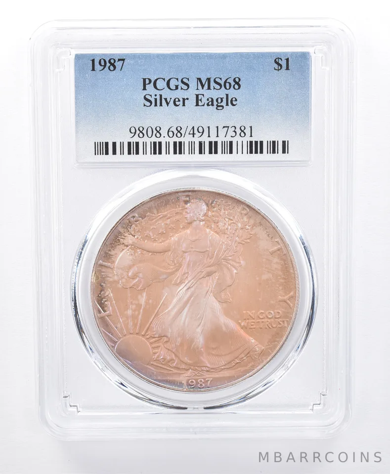 1987 American Silver Eagle MS68 PCGS Purple/Orange Tone *8632