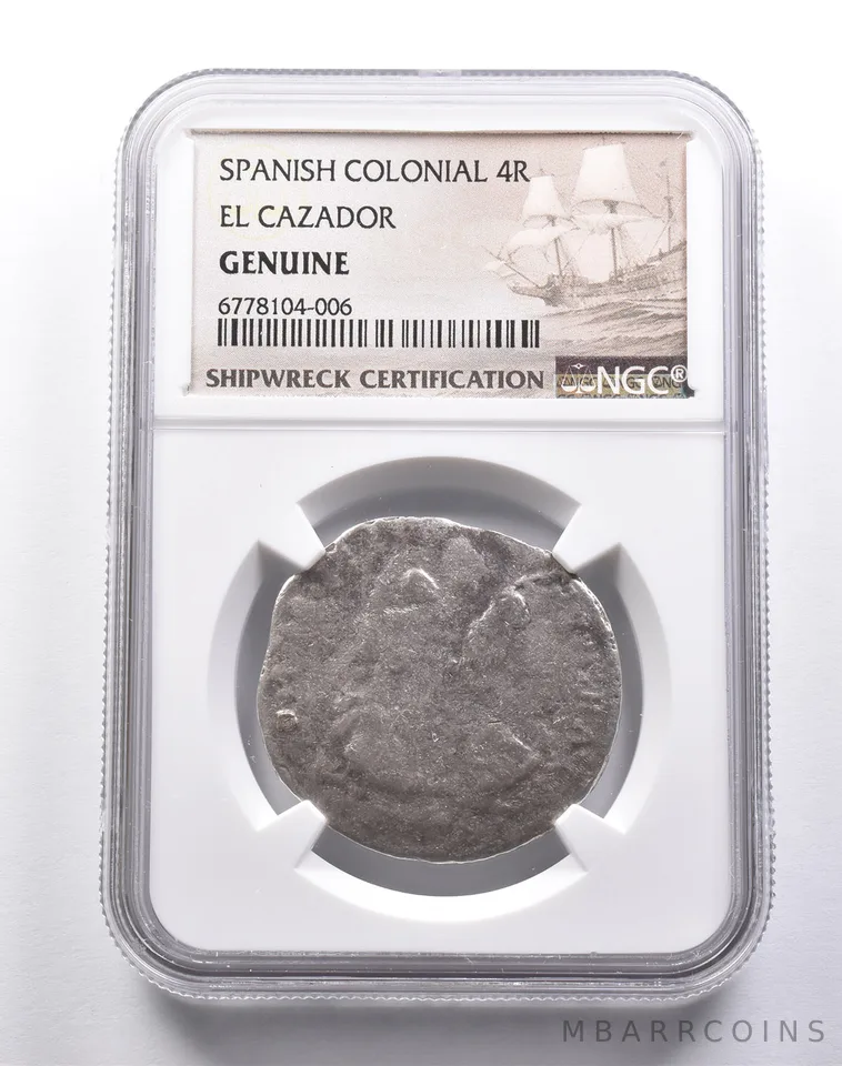 Genuine El Cazador Spanish Colonial 4 Reales NGC Shipwreck Certification *3694