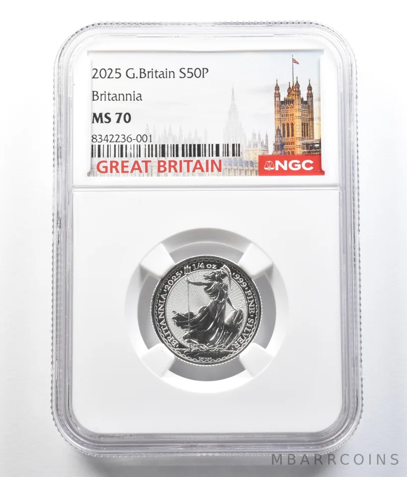 2025 Great Britain 50 Pence Silver Britannia 1/4 Oz 0.25 Oz MS70 NGC a7866