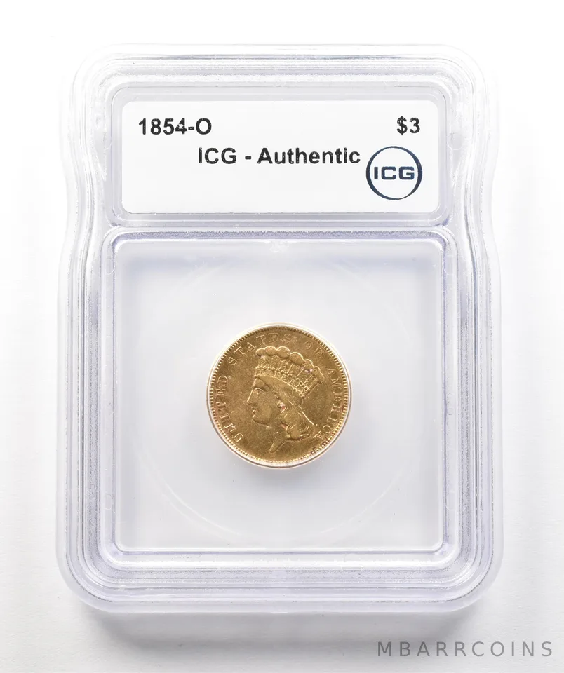 1854-O $3 Indian Princess Head Gold Three Dollars Authentic ICG a4311