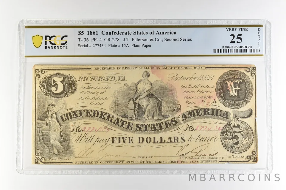 1861 $5 Confederate States America T-36 PF-4 CR-278 Very Fine 25 PCGS *4508