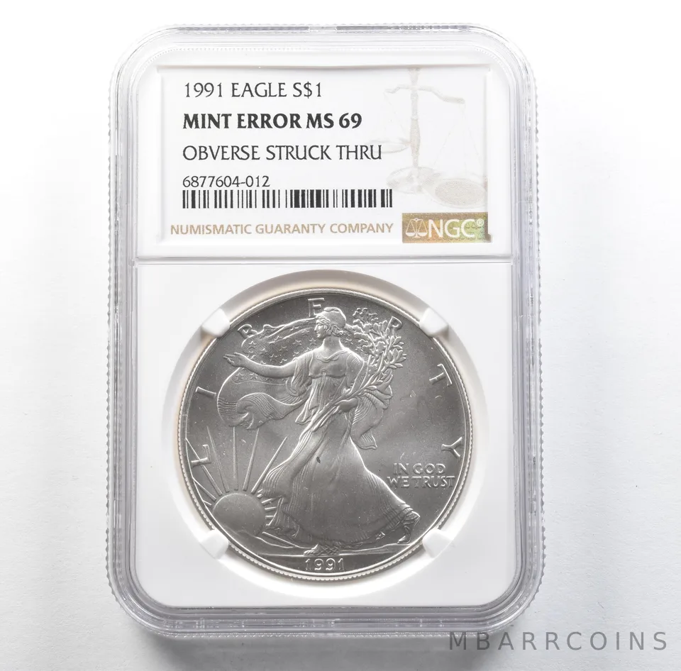 1991 American Silver Eagle Mint Error Obverse Struck Thru MS69 NGC *3160