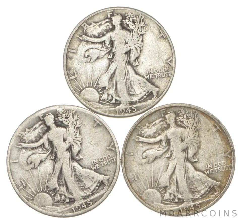 1945 P+D+S Walking Liberty Half Dollar Circ Collection Set Lot 90% Silver