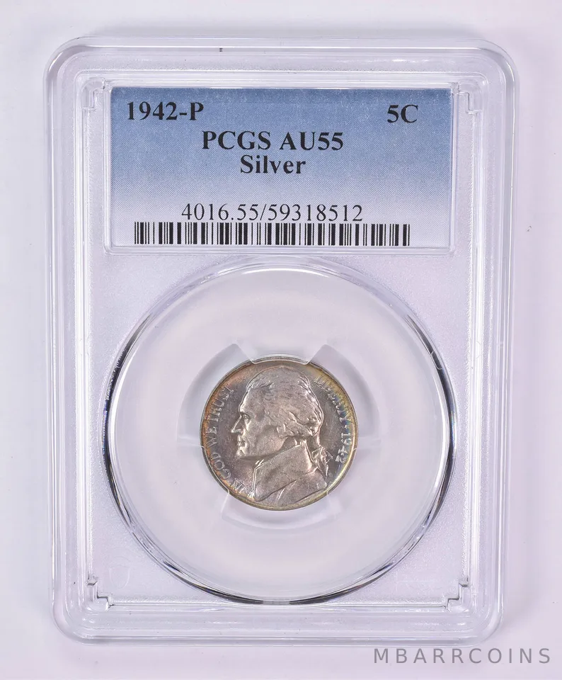 1942-P Jefferson Nickel Wartime Silver AU55 PCGS Beautiful Tone *1147