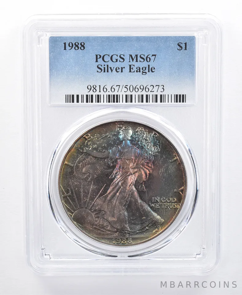 1988 American Silver Eagle MS67 PCGS Rainbow Tone *8676