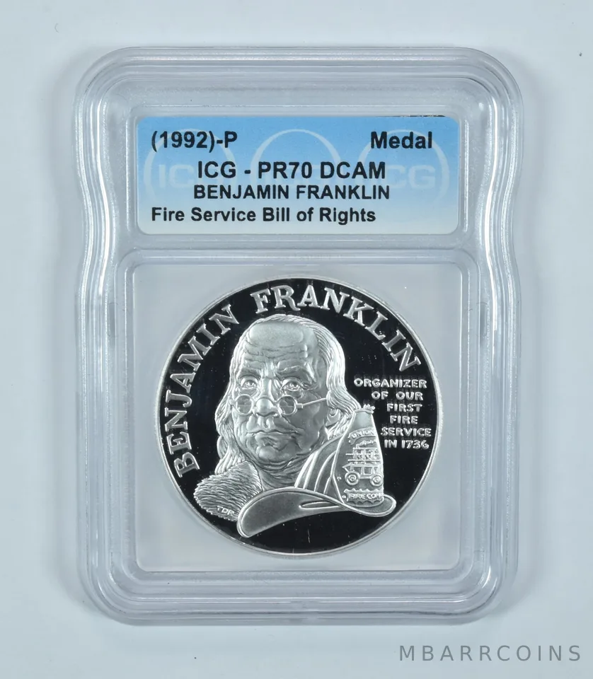 (1992)-P Benjamin Franklin Medal Fire Service Bill Of Rights PR70 DCAM ICG