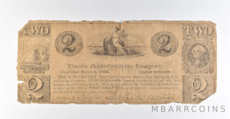 1838 $2 Philadelphia PA Phenix Manufacturing Company Obsolete Note *8379