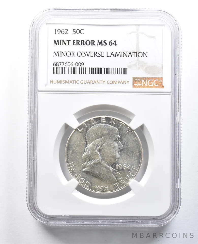 1962 Franklin Half Dollar Mint Error Minor Obverse Lamination MS64 NGC *8231