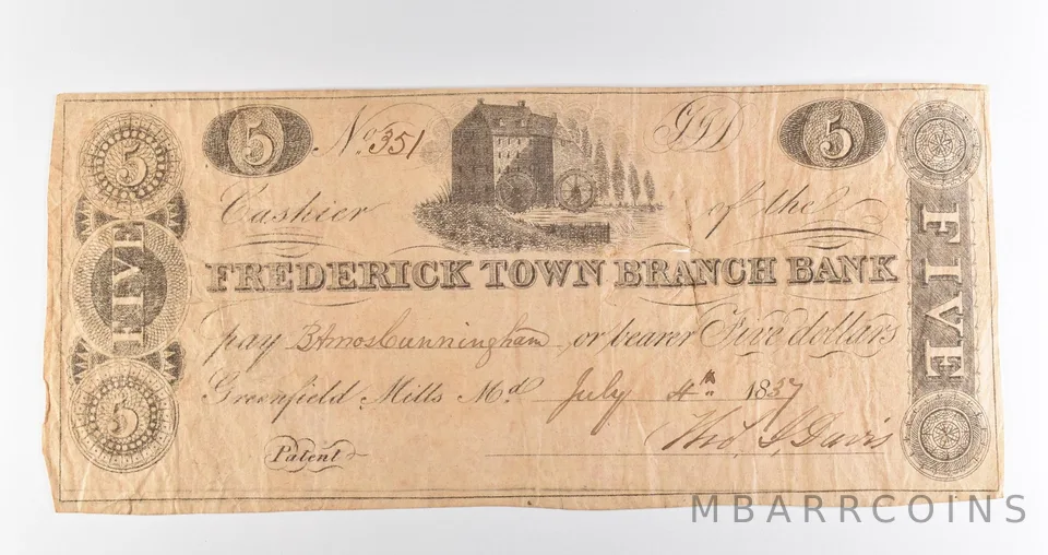 1837 $5 Frederick MD Town Branch Bank Obsolete Note *3917