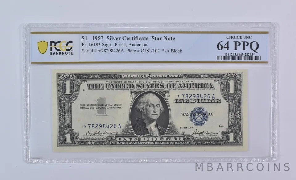 1957 $1 Silver Certificate Star Note Fr#1619* Choice Unc 64 PPQ PCGS *8082