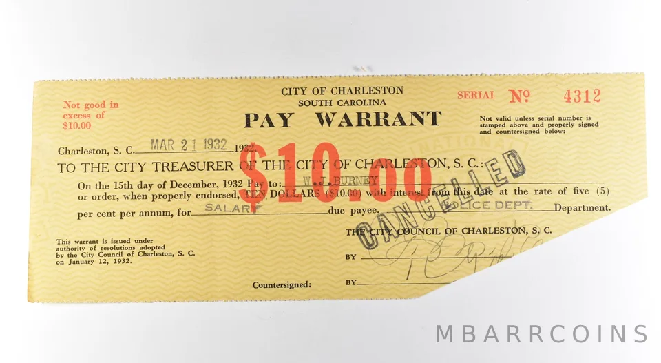1932 $10 Charleston SC Pay Warrant Cancelled *3179
