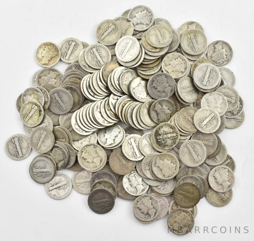 1925-S Mercury 90% Silver Dime Roll Lot of 50 PCS $5 Face