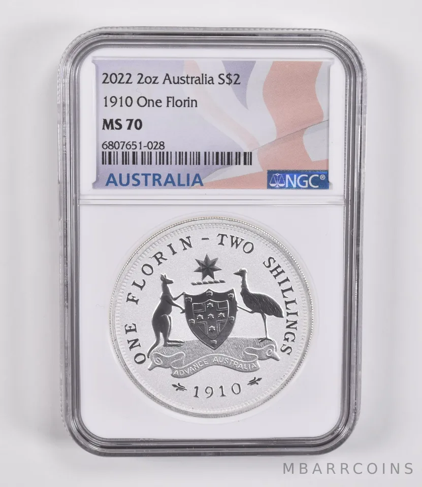 2022 Australia 2 Dollars 2 Oz Silver 1910 1 Florin MS70 NGC Australia Label