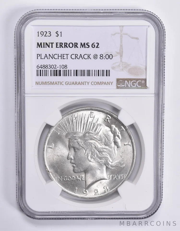 MINT ERROR MS62 1923 Peace Silver Dollar Planchet Crack @ 8:00 NGC a1814