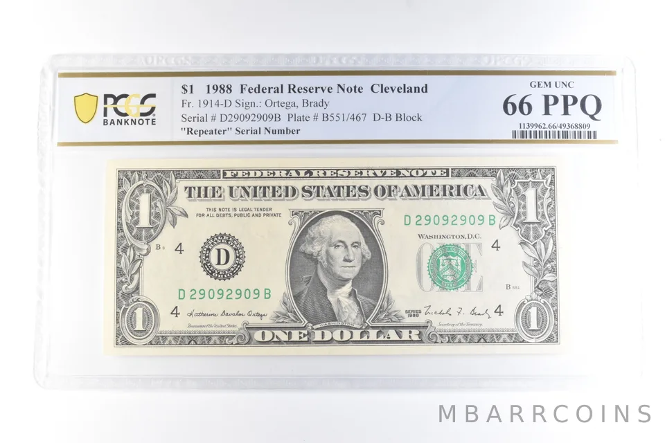 1988 $1 Cleveland OH FRN Fr#1914-D Repeater Serial Gem Unc 66 PPQ PCGS *6090