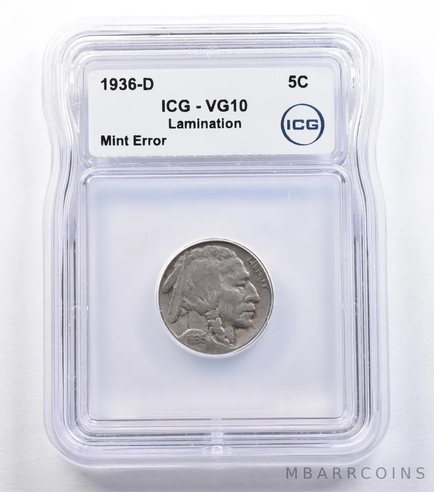 1936-D Indian Head Buffalo Nickel Mint Error Lamination VG10 ICG *2219