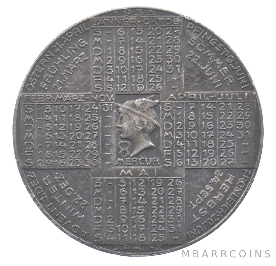 1935 Austria Silver Pocket Calendar Zodiac Head Of Mercury *9179