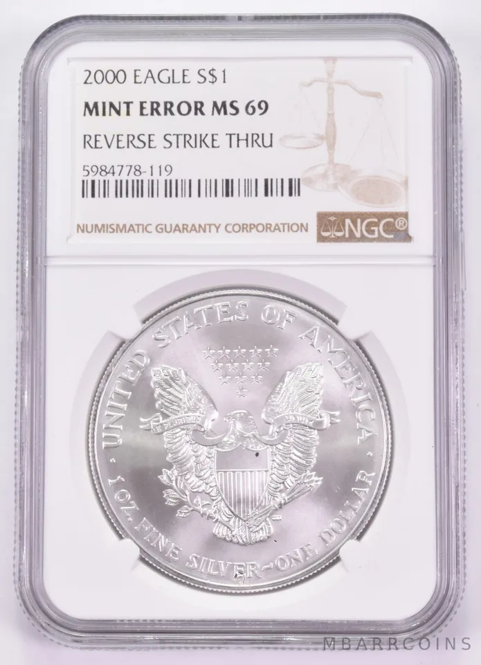 2000 Silver Eagle Mint Error Reverse Stirke Thru MS69 NGC Brown Label