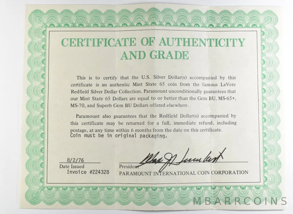 1976 LaVere Redfield Silver Dollar Collection Paramount CoA a9910