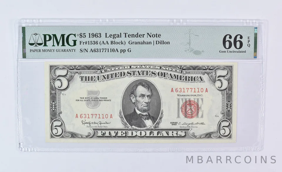 1963 $5 Legal Tender Note Fr#1536 Gem Unc 66 EPQ PMG
