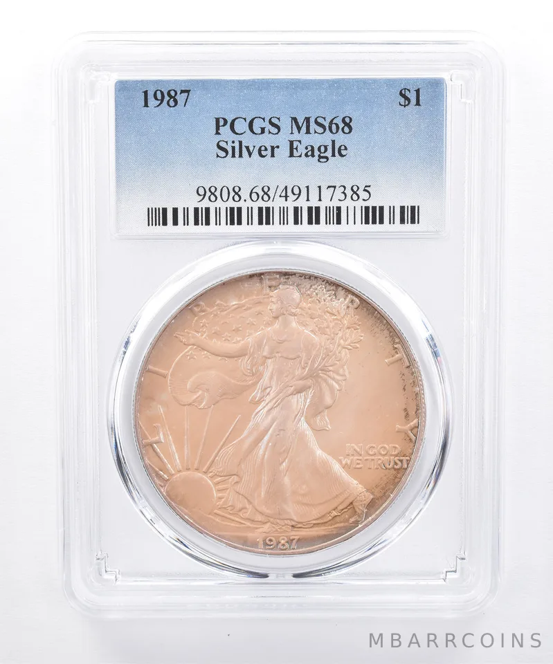 1987 American Silver Eagle MS68 PCGS Iridescent Tone *8446