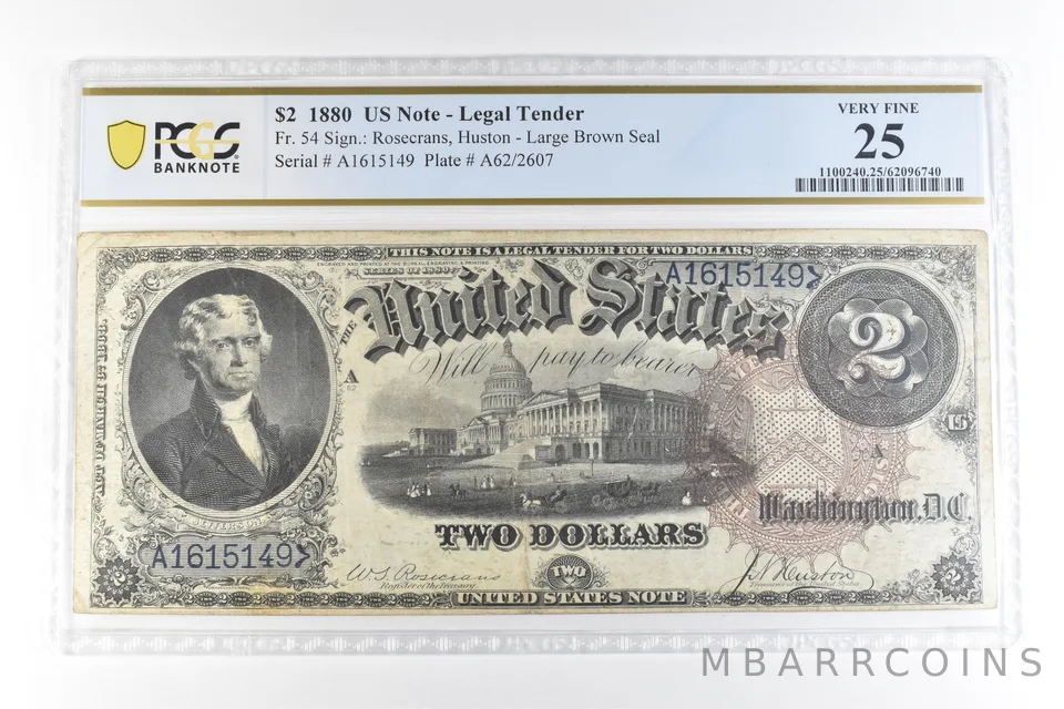 1880 $2 US Legal Tender Large Note Fr#54 Large Brown Seal VF 25 PCGS *9854