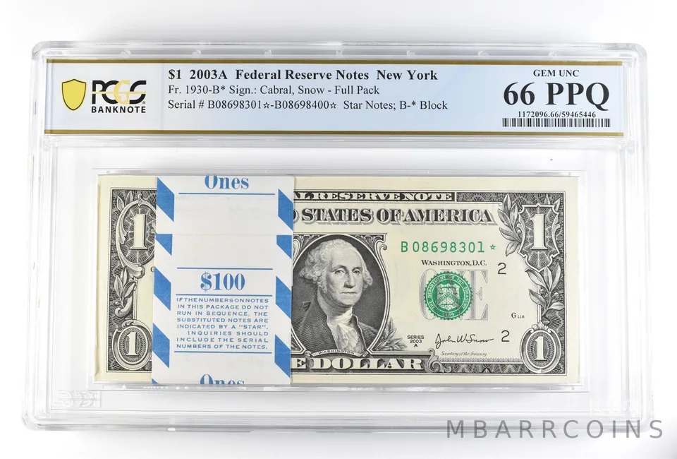 (100) 2003 A $1 New York NY FRN Fr#1930-B* Pack Star Notes Unc 66 PPQ PCGS *0199