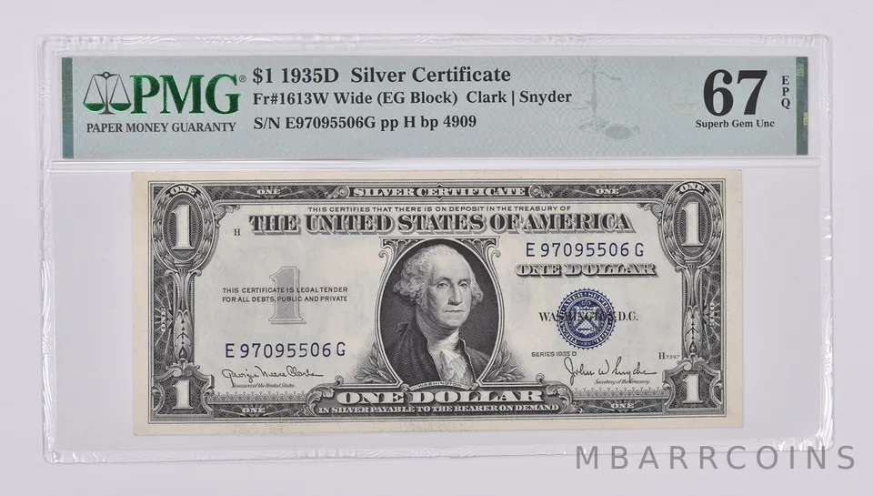 1935-D $1 Silver Certificate 67 EPQ PMG Fr. 1613W Wide Superb Gem Unc