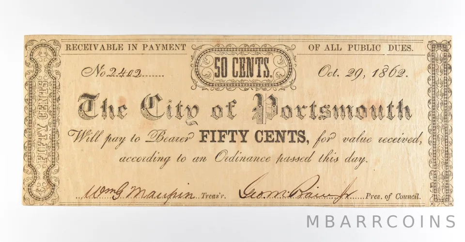 1862 50 Cents Portsmouth NH Obsolete Note *8472