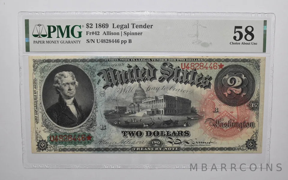 PMG 58 $2 1869 US Legal Tender Note FR#42 Large Note a4762