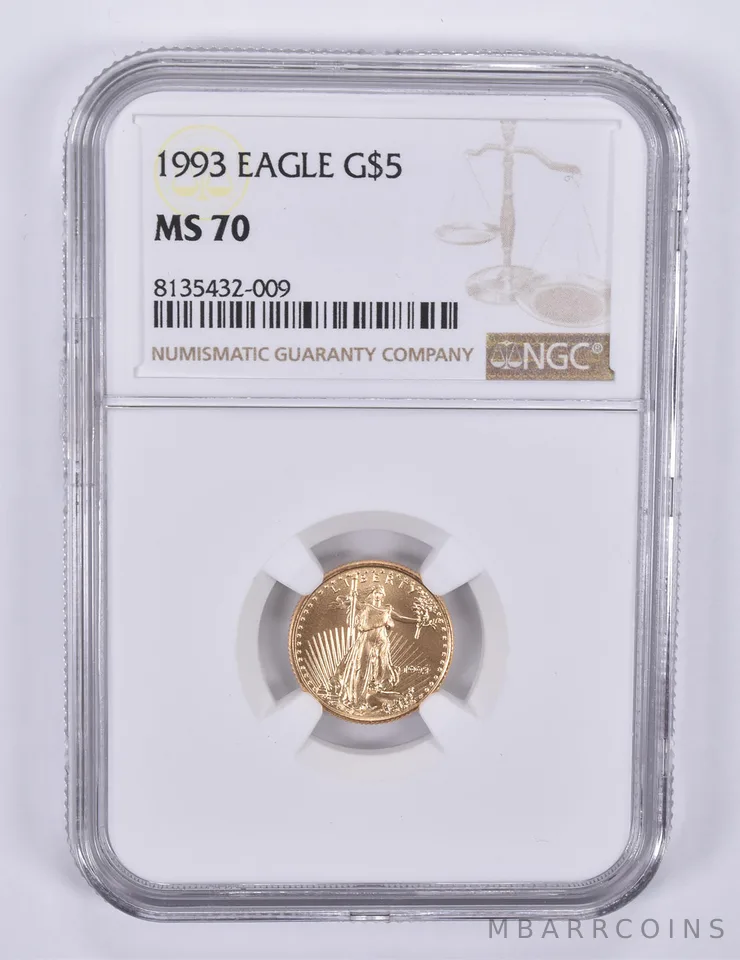 1993 $5 American Gold Eagle 1/10 oz MS70 NGC Brown Label
