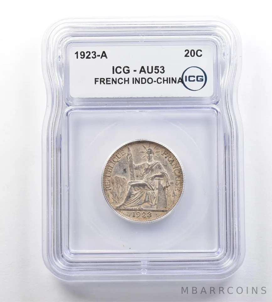 1923 A French Indo-China 20 Cents AU53 ICG *7650