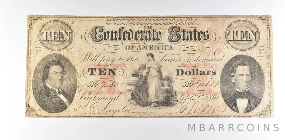 1861 $10 Confederate States Of America T-26 Large Note *8561