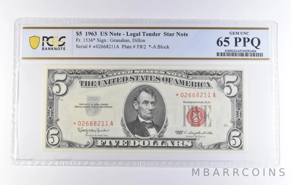 1963 $5 Legal Tender Star Note Fr#1536* Gem Unc 65 PPQ PCGS *8341