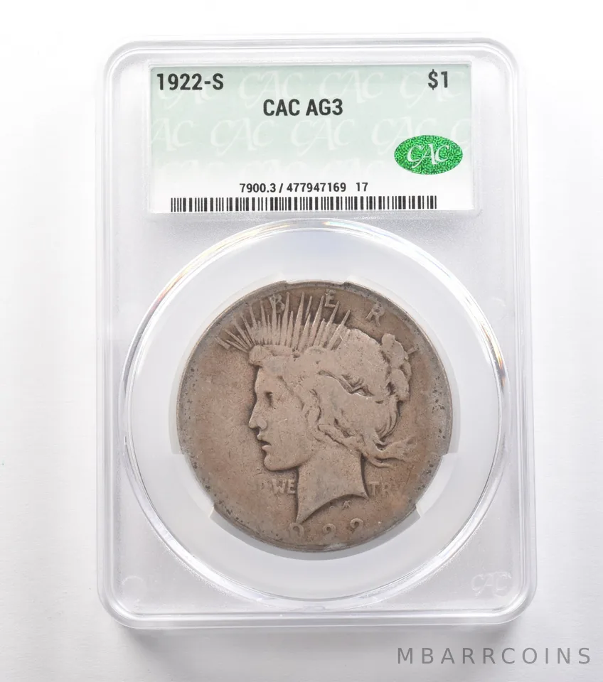 1922-S Peace Silver Dollar AG3 CAC Lowball a0903