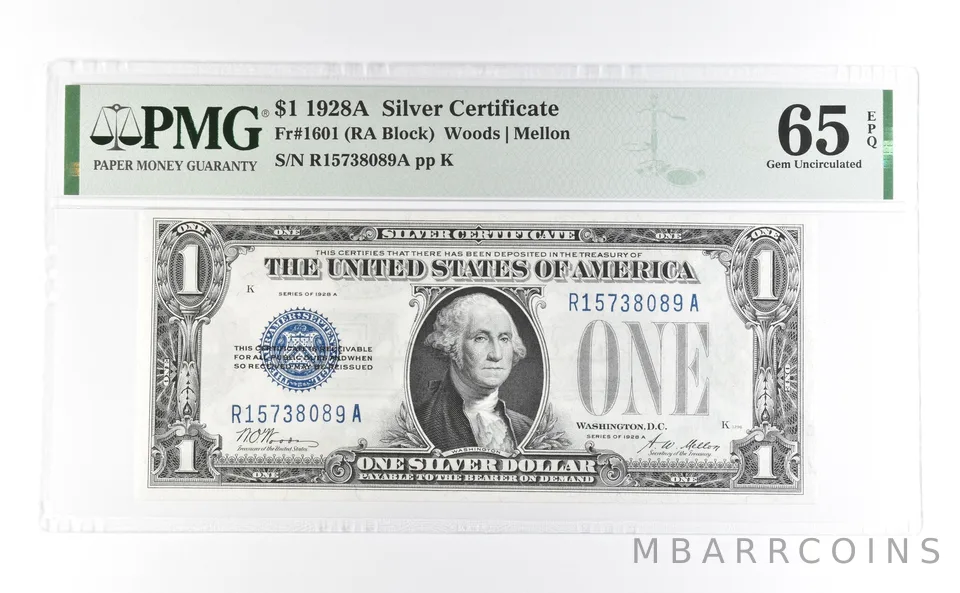 1928 A $1 Silver Certificate Fr#1601 Gem Unc 65 EPQ PMG a6998