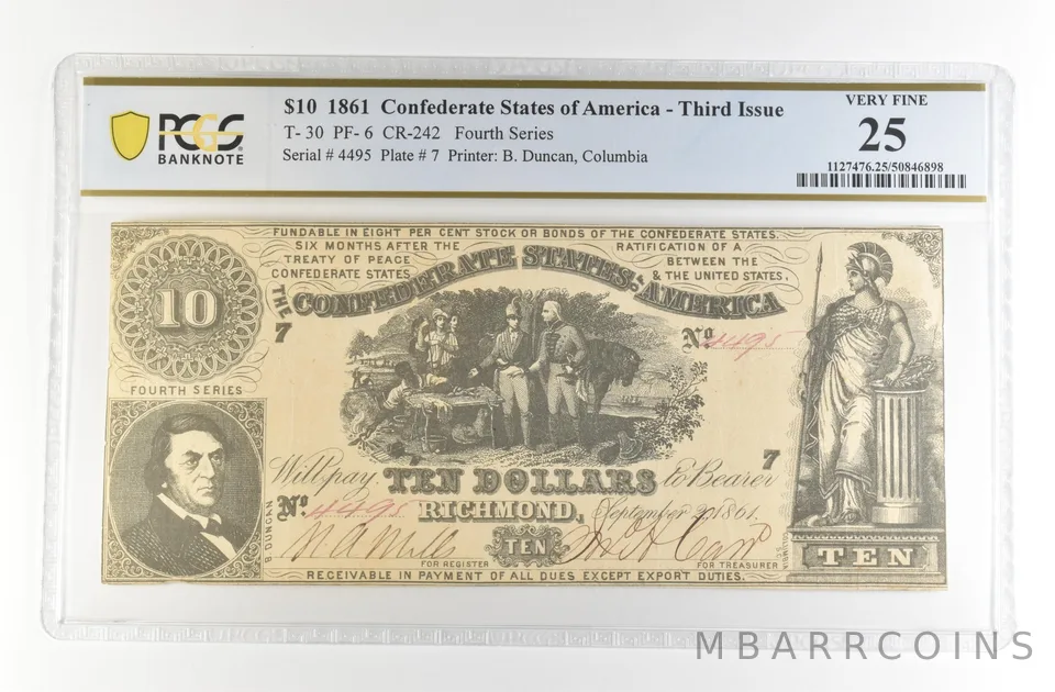 1861 Confederate States America Large Note T-30 PF-6 CR-242 VF 25 PCGS *4159