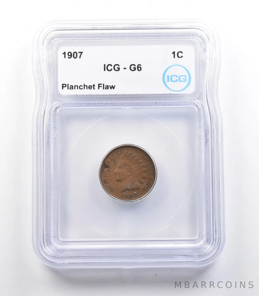 1907 Indian Head Cent Mint Error Planchet Flaw G6 ICG *2328