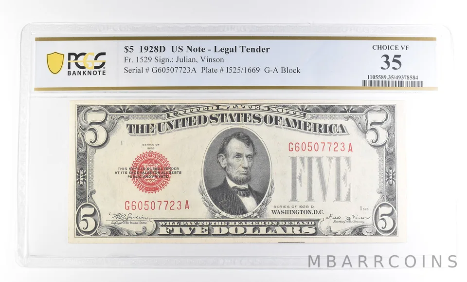 1928 D $5 US Legal Tender Fr#1529 Choice VF 35 PCGS a2340
