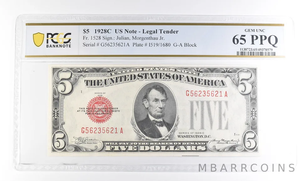 1928 C $5 US Legal Tender Fr#1528 Gem Unc 65 PPQ PCGS a2361