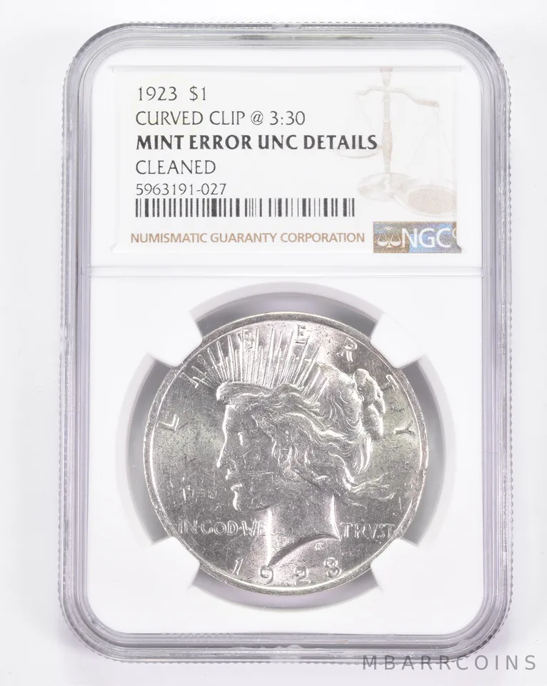 Mint Error UNC Details 1923 Peace Silver Dollar - Curved Clip @ 3:30 - NGC *8849