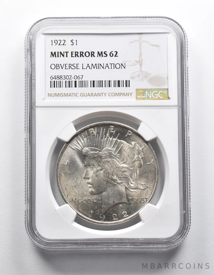 MINT ERROR MS62 1922 Peace Silver Dollar OBV Lamination NGC *1900