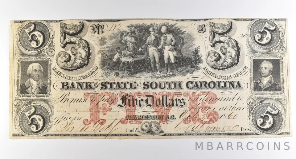 1860 $5 Charleston SC Bank Of South Carolina Obsolete Note *3806