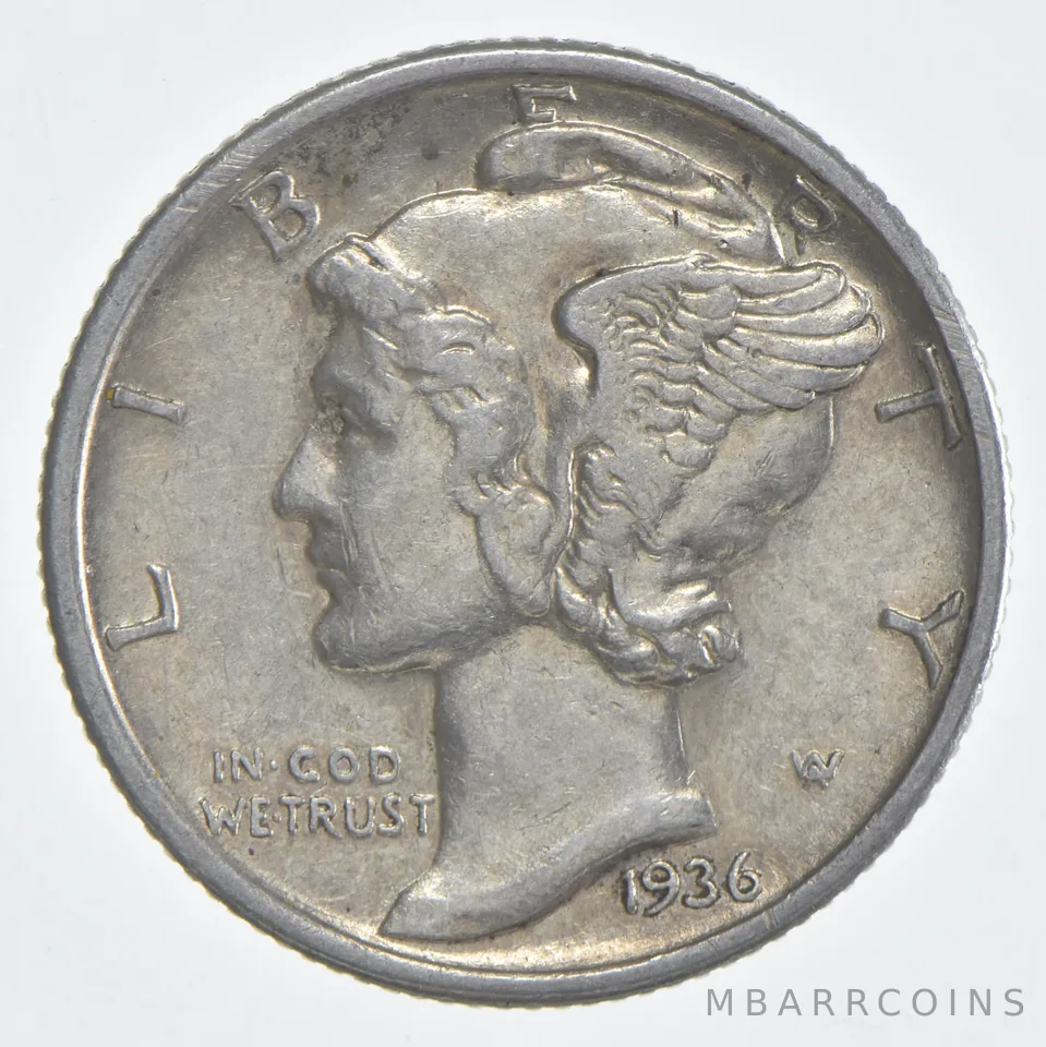 1936-S Mercury Dime 90% Silver AU Almost Unc