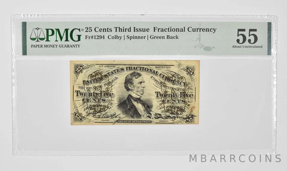 25 Cents 3rd Issue US Fractional Currency PMG 55 About UNC Fr# 1294 *0921