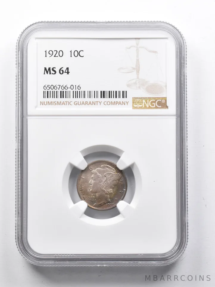 MS64 1920 Mercury Dime NGC INSANE Color *1458
