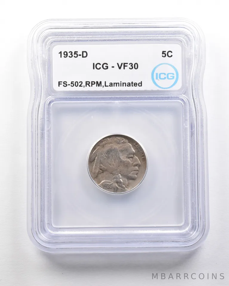 1935-D/S Indian Head Buffalo Nickel Mint Error FS-502 RPM VF30 ICG *1730