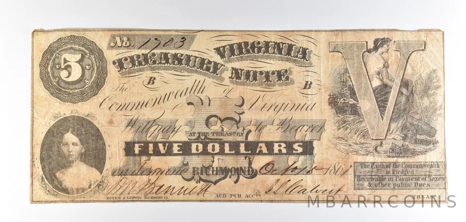 1861 $5 Richmond VA Treasury Note Obsolete Note *8768